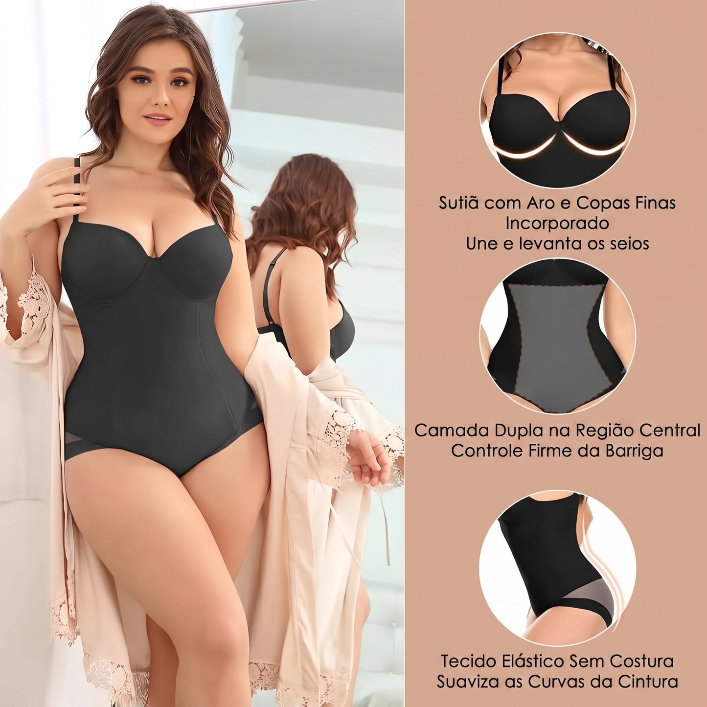 O Body Modelador com Bojo Push Up preto alta compressão na cintura