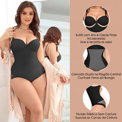 O Body Modelador com Bojo Push Up preto alta compressão na cintura