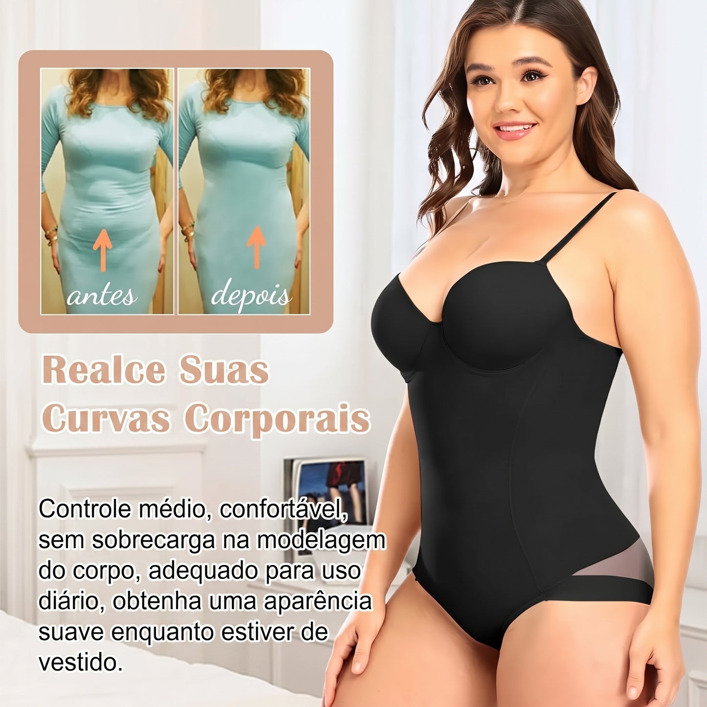 O Body Modelador com Bojo Push Up preto alta compressão na cintura confort