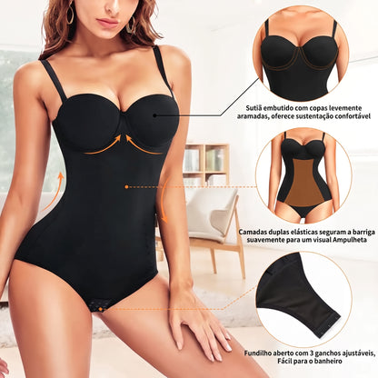 O Body Modelador com Bojo Push Up preto alta compressão na cintura