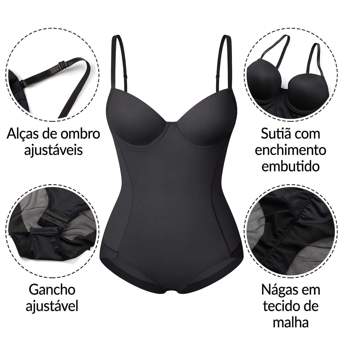 O Body Modelador com Bojo Push Up preto alta compressão na cintura