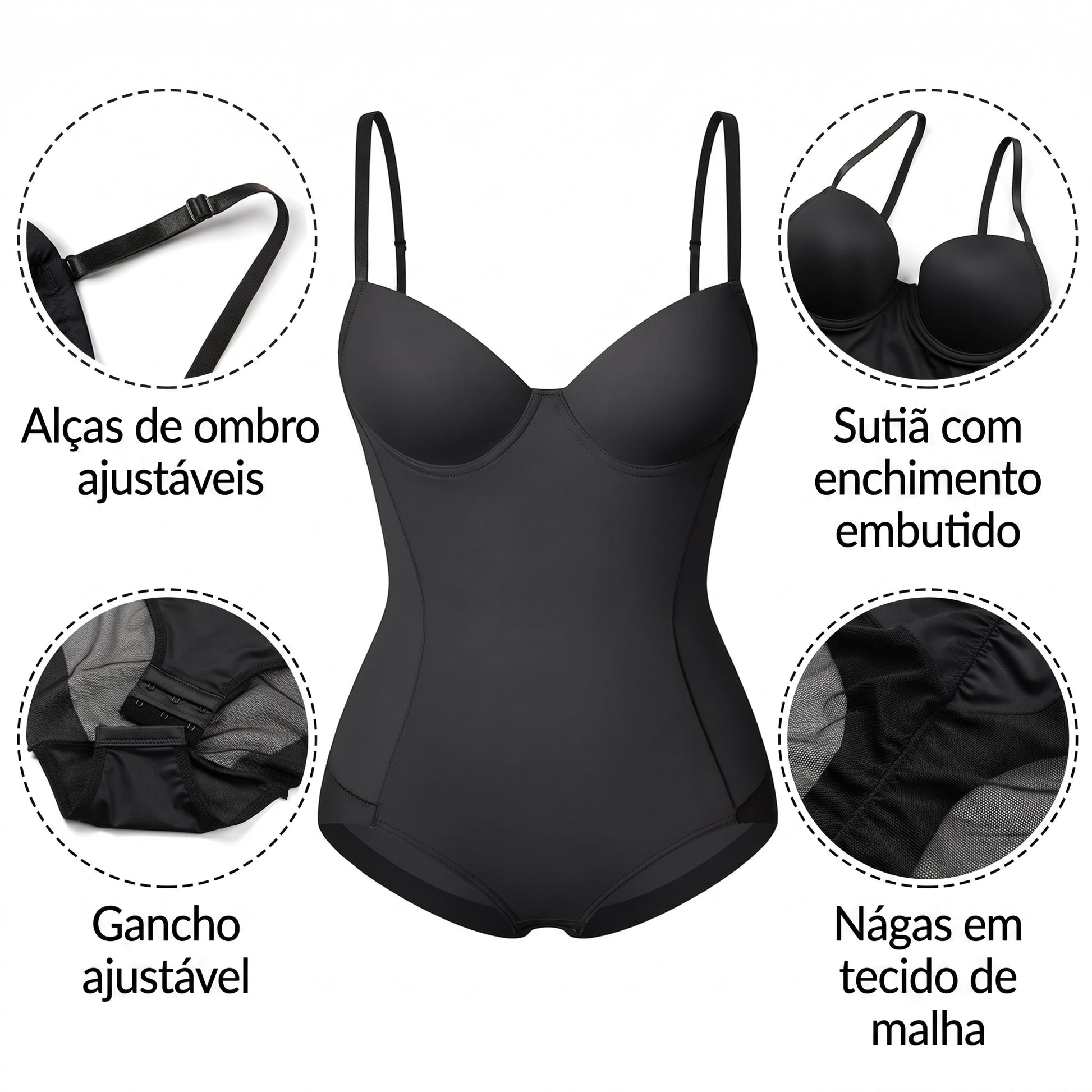 O Body Modelador com Bojo Push Up preto alta compressão na cintura
