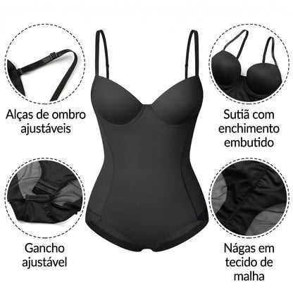 O Body Modelador com Bojo Push Up preto alta compressão na cintura