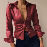 camisa de couro vermelho vinho decote v manga longa blazer look inverno