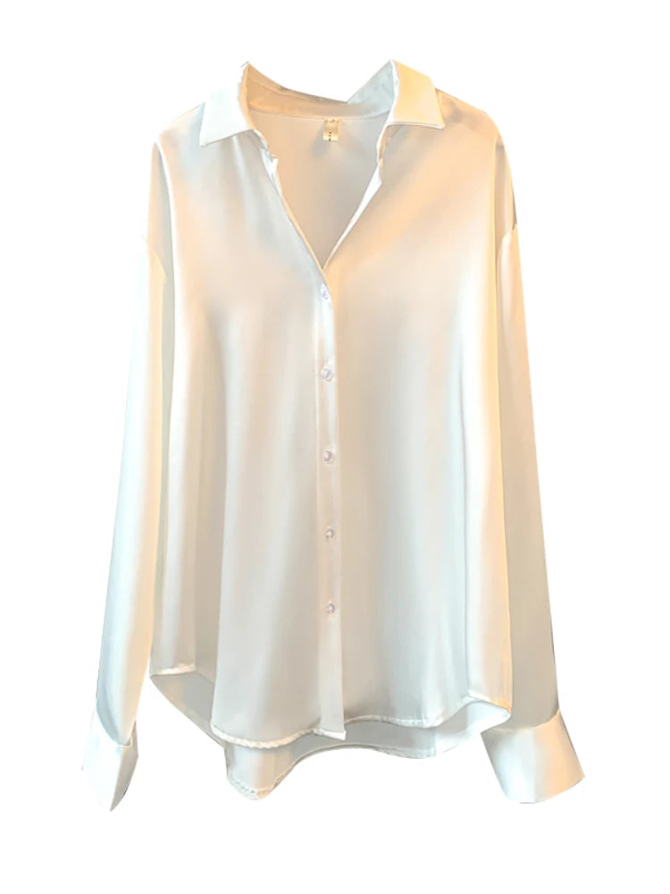 Camisa de Cetim de Seda Office verde branca brilhosa escirtório elegante 