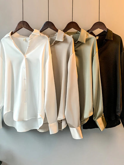 Camisa de Cetim de Seda Office verde cores sólidas brilhosa escirtório elegante 