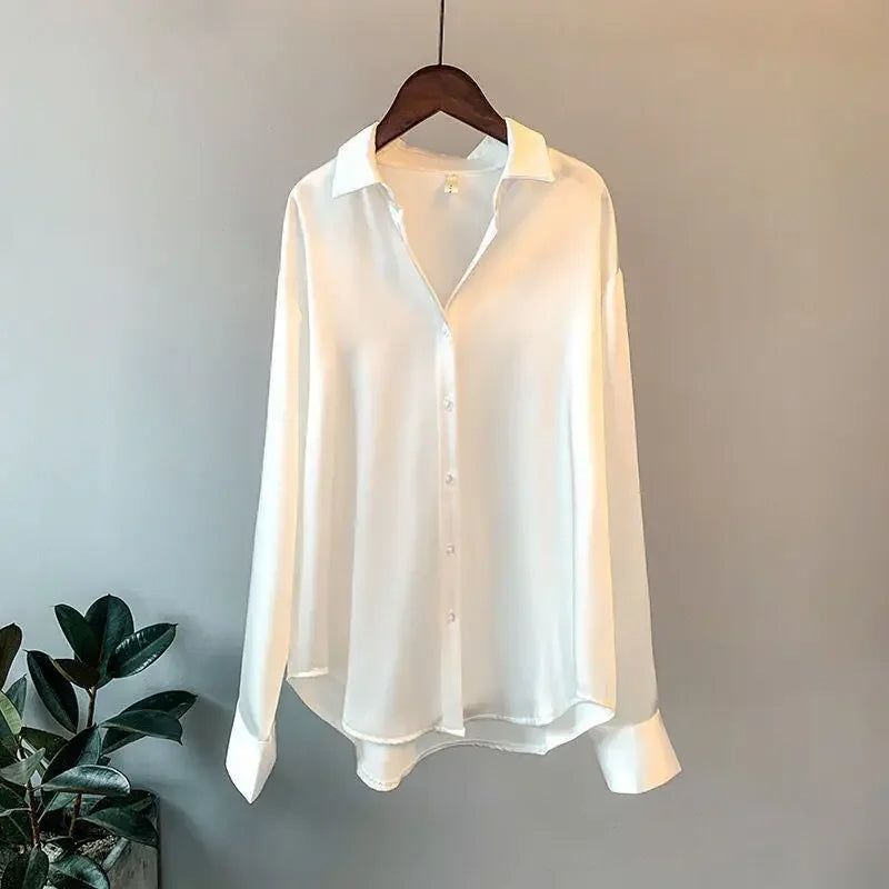 Camisa de Cetim de Seda Office verde branca brilhosa escirtório elegante 