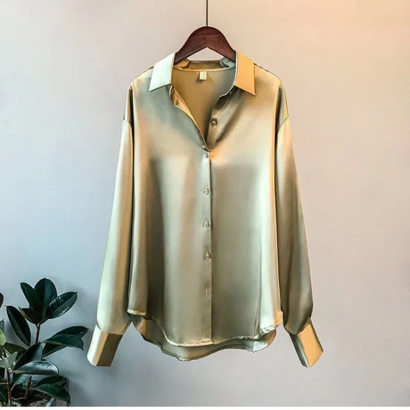 Camisa de Cetim de Seda Office verde musgo oliva militar brilhosa escirtório elegante 