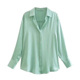 Camisa Social Cetim Oversized Decote V verde menta