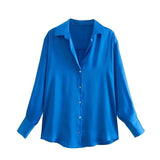 Camisa Social Cetim Oversized Decote V azul
