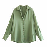 Camisa Social Cetim Oversized Decote V verde claro oliva