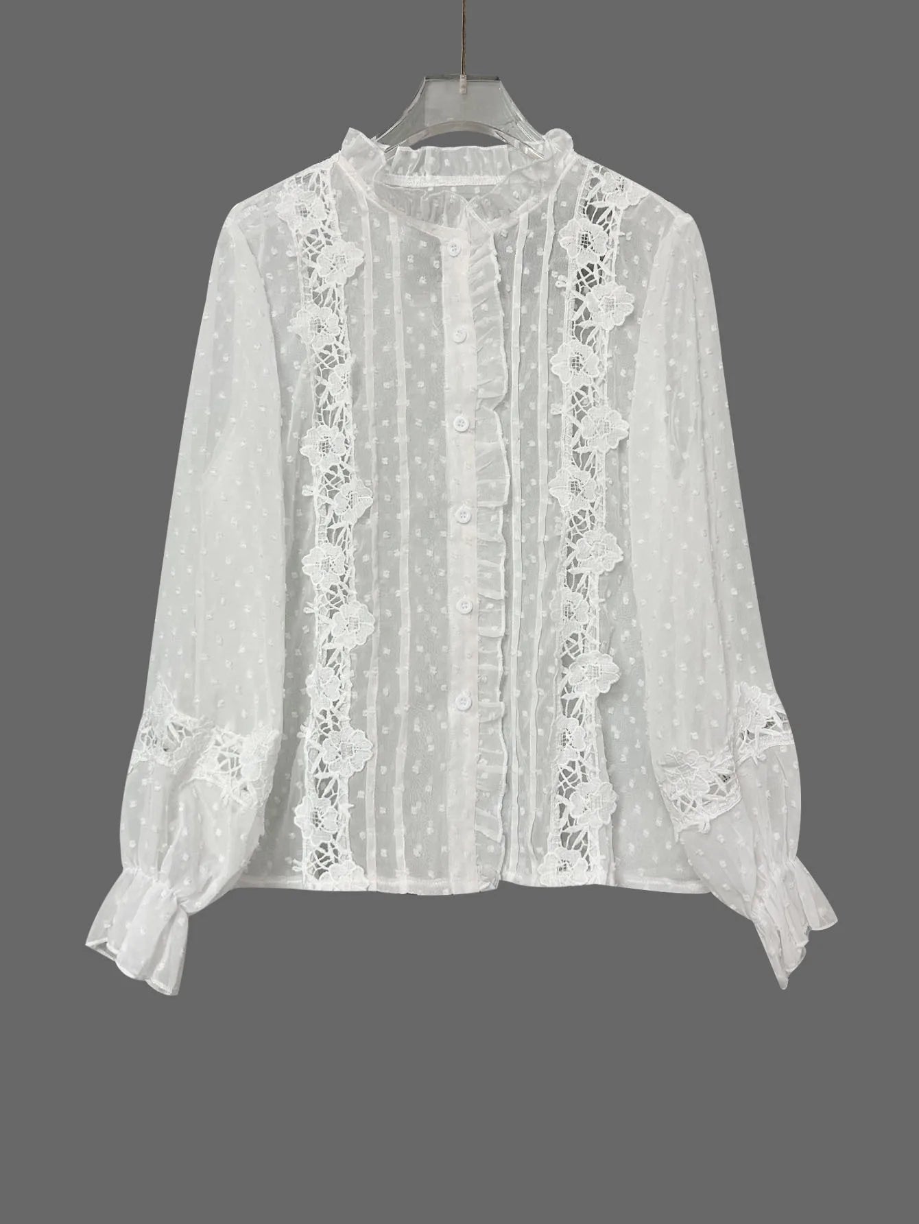 camisa blusa com renda feminina branca de botão decote v manga longa leve meia-estação