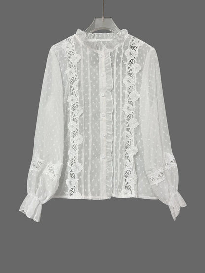 camisa blusa com renda feminina branca de botão decote v manga longa leve meia-estação