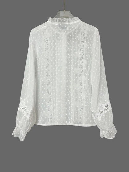 camisa blusa com renda feminina branca de botão decote v manga longa leve meia-estação