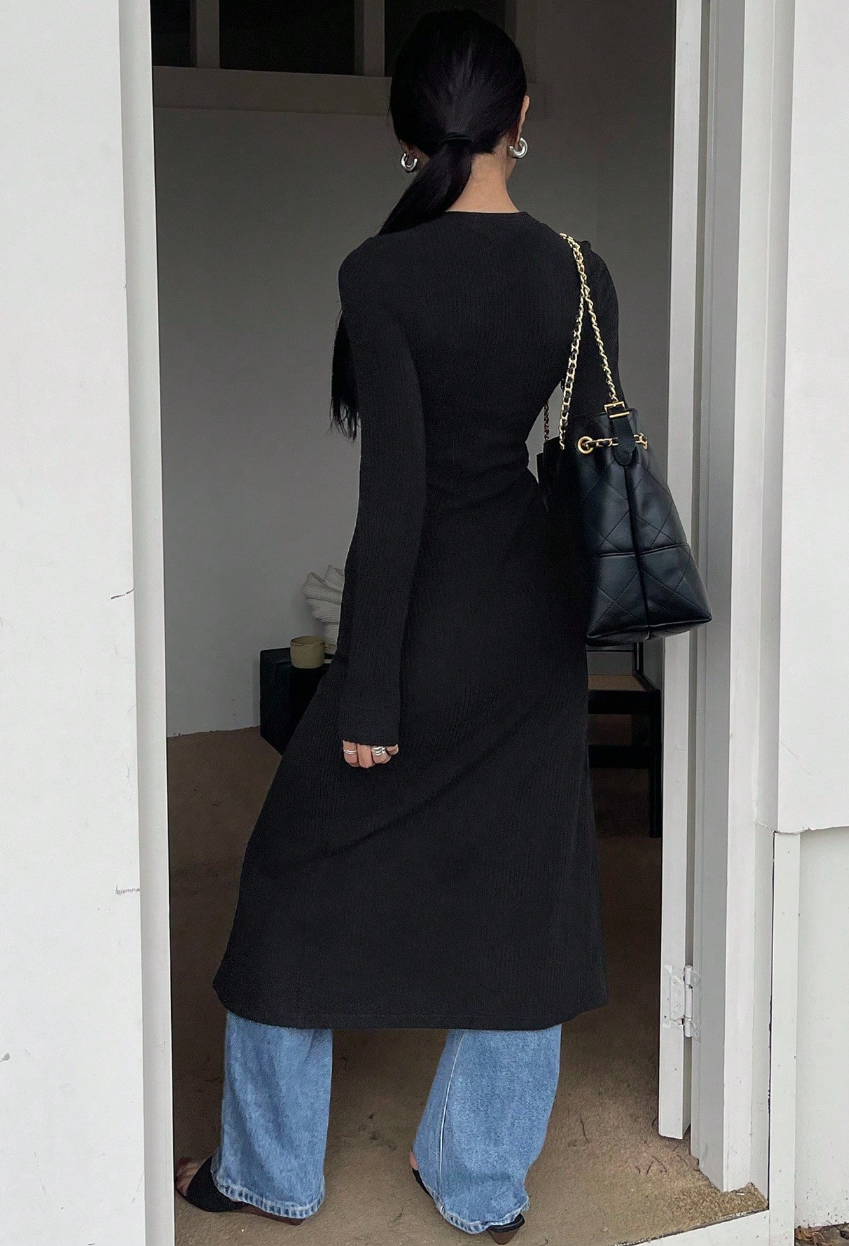 Cardigã Chemise Midi Botões Manga Longa tricot preto