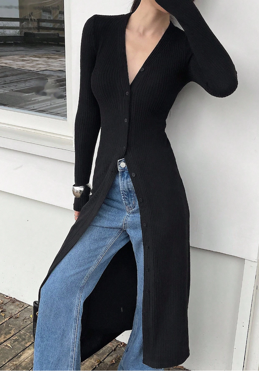 Cardigã Chemise Midi Botões Manga Longa tricot preto
