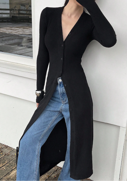 Cardigã Chemise Midi Botões Manga Longa tricot preto