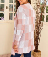 Casaco Cardigã Xadrez Alongado longo rosa e branco elegante quente tricot