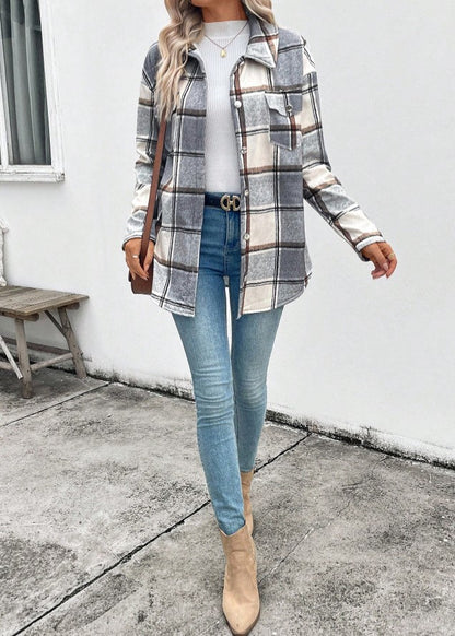 Camisa Casaco forrada de Pelúcia Xadrez quentinha inverno festa junina casual cinza 