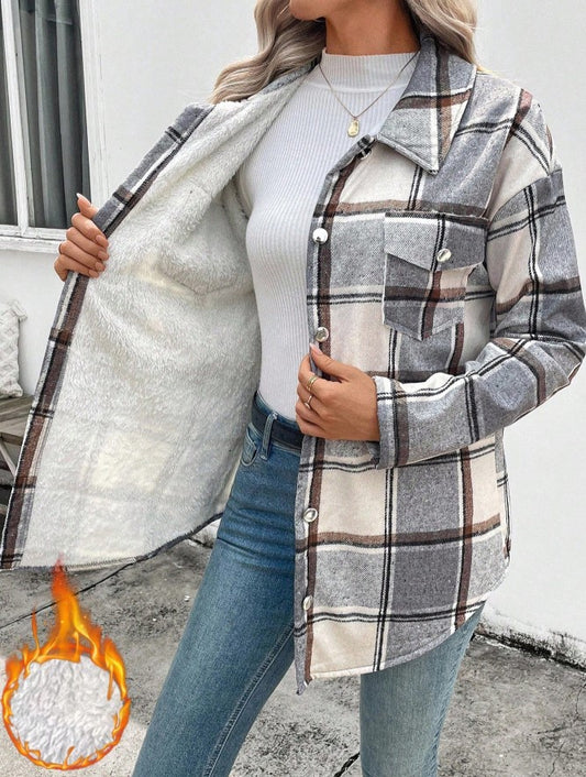Camisa Casaco forrada de Pelúcia Xadrez quentinha inverno festa junina casual cinza 