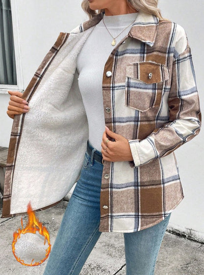 Camisa Casaco forrada de Pelúcia Xadrez quentinha inverno festa junina casual marrom branco