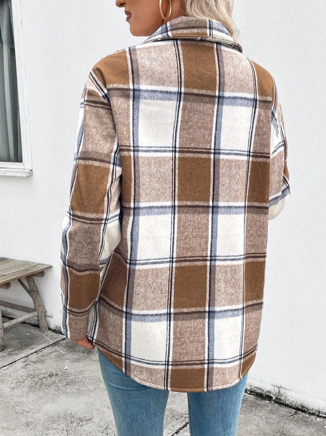 Camisa Casaco forrada de Pelúcia Xadrez quentinha inverno festa junina casual marrom branco