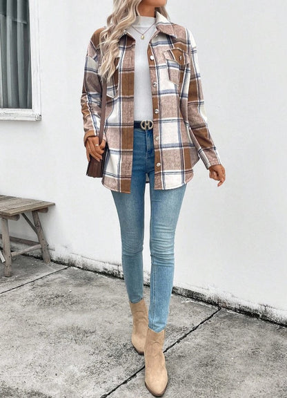 Camisa Casaco forrada de Pelúcia Xadrez quentinha inverno festa junina casual marrom branco