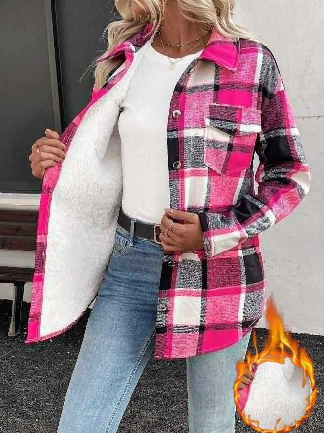 Camisa Casaco forrada de Pelúcia Xadrez quentinha inverno festa junina casual rosa branco
