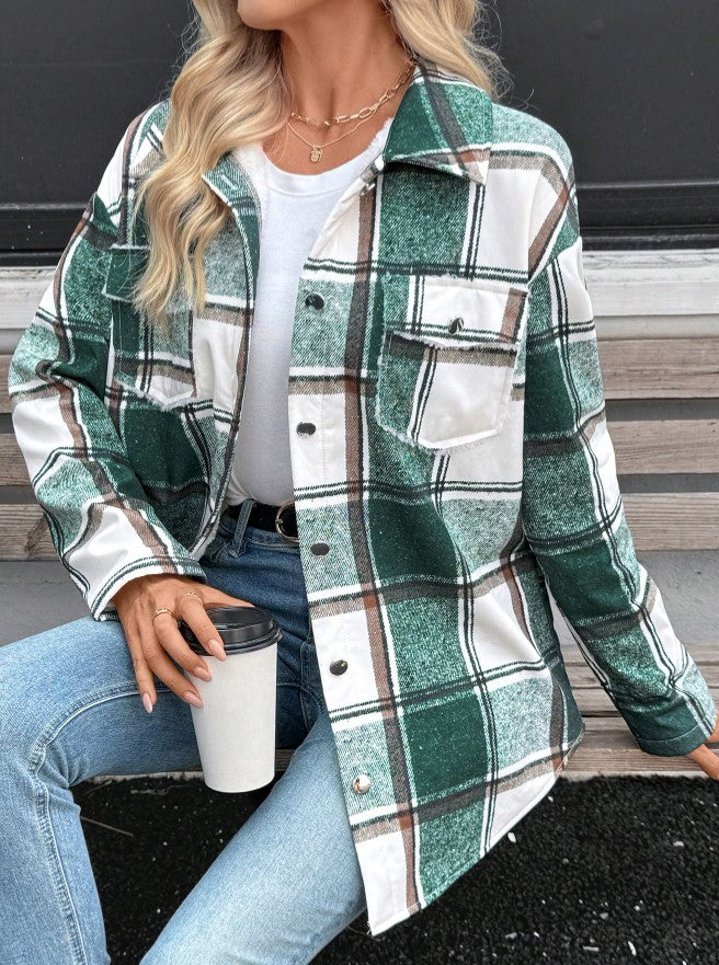 Camisa Casaco forrada de Pelúcia Xadrez quentinha inverno festa junina casual verde branco