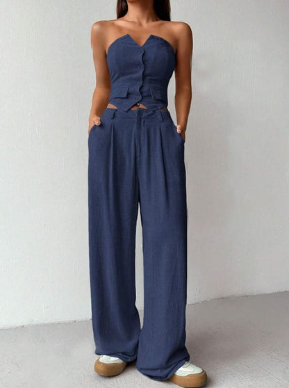 Conjunto Cropped Calça + Colete Alfaiataria verão meia-estação azul marinho liso