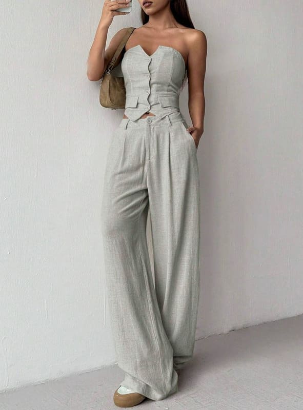 Conjunto Cropped Calça + Colete Alfaiataria verão meia-estação cinza liso