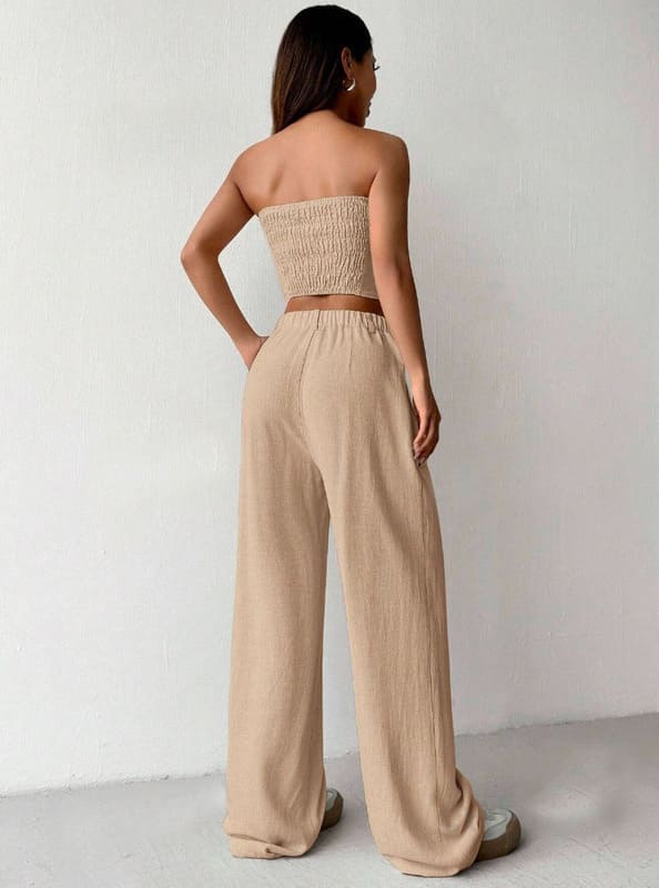 Conjunto Cropped Calça + Colete Alfaiataria verão meia-estação bege liso