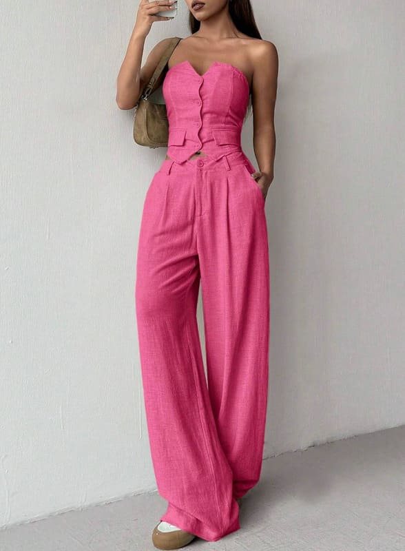 Conjunto Cropped Calça + Colete Alfaiataria verão meia-estação rosa barbiecore liso