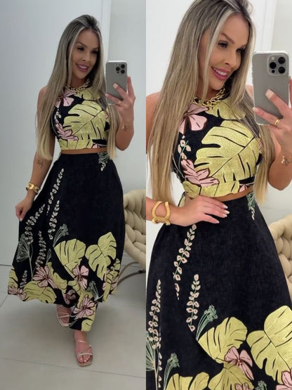 Conjunto Saia Longa e Cropped Floral Bojo preto estampado verão costas nuas