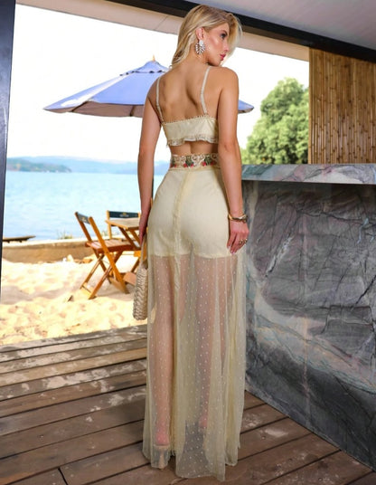Conjunto Saia Longa Transparente tule poá e Cropped Bordados verão alcinha bojo sofisticado festa praia bege