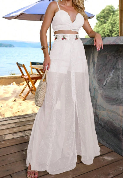 Conjunto Saia Longa Transparente tule poá e Cropped Bordados verão alcinha bojo sofisticado festa praia branco reveillon