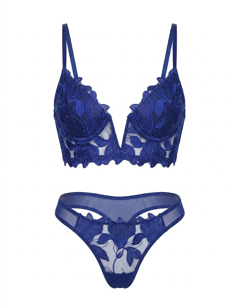 Conjunto Lingerie Bordado Decote profundo V calcinha Fio Dental sem bojo transparente sensual erótico azul royal