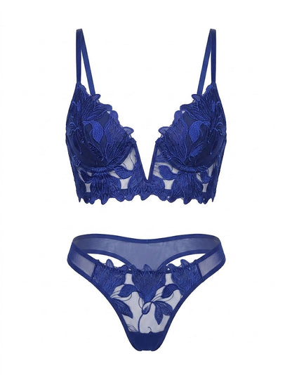 Conjunto Lingerie Bordado Decote profundo V calcinha Fio Dental sem bojo transparente sensual erótico azul royal