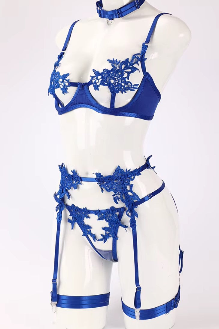 Conjunto Lingerie Vazado Erótico Cinta-Liga Bordado azul