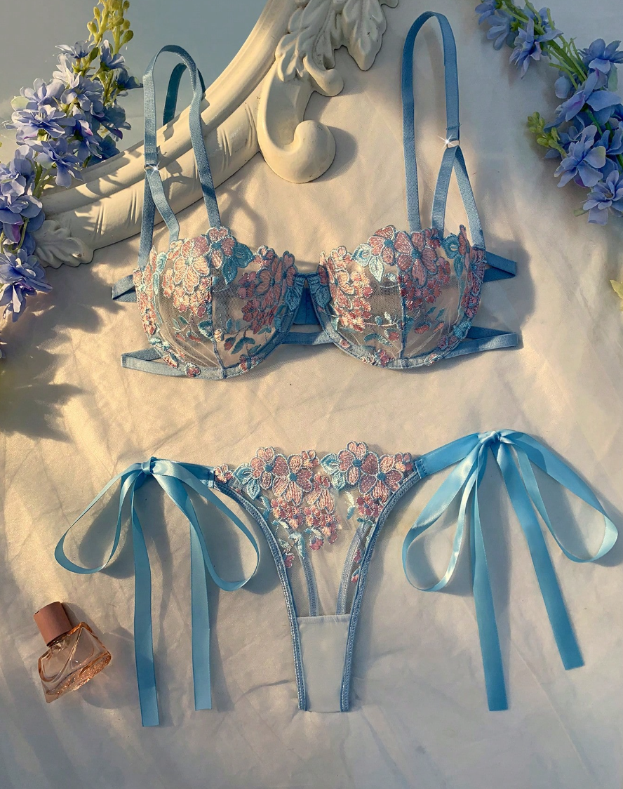Conjunto Lingerie de renda Erótico Bordado Transparente Laços fio dental sem bojo azul claro rosê