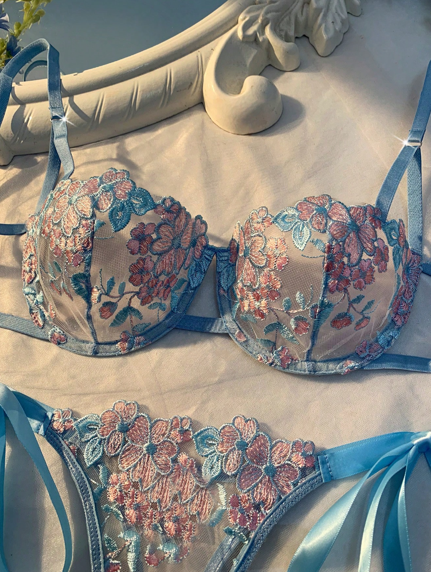 Conjunto Lingerie de renda Erótico Bordado Transparente Laços fio dental sem bojo azul claro rosê