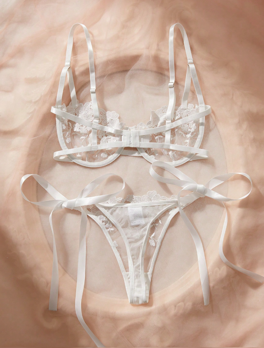 Conjunto Lingerie de renda Erótico Bordado Transparente Laços fio dental sem bojo noiva branco