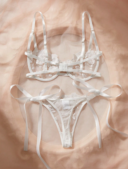 Conjunto Lingerie de renda Erótico Bordado Transparente Laços fio dental sem bojo noiva branco