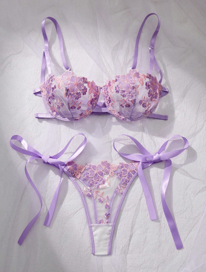 Conjunto Lingerie de renda Erótico Bordado Transparente Laços fio dental sem bojo noiva lilás lavanda