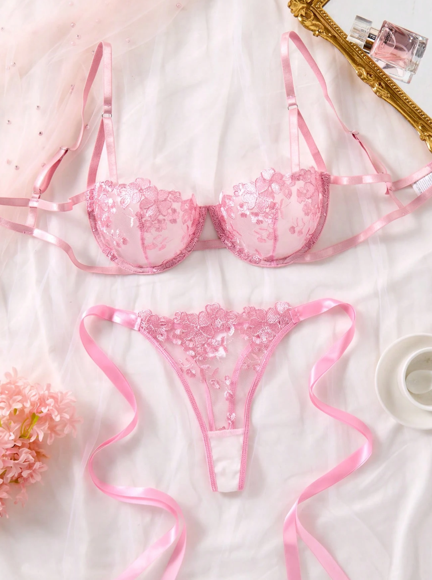 Conjunto Lingerie de renda Erótico Bordado Transparente Laços fio dental sem bojo noiva rosa claro