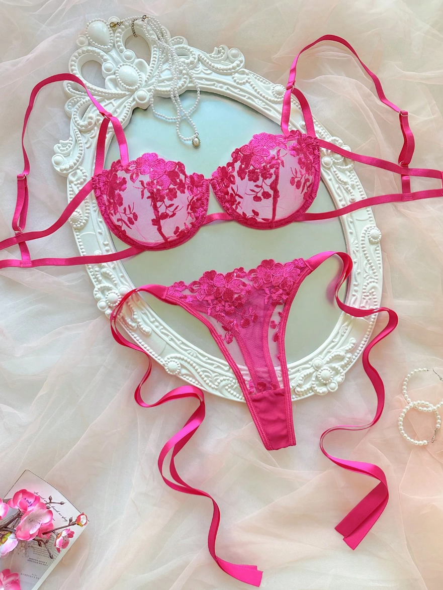 Conjunto Lingerie de renda Erótico Bordado Transparente Laços fio dental sem bojo noiva rosa pink