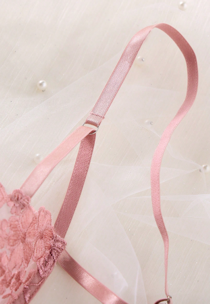 Conjunto Lingerie de renda Erótico Bordado Transparente Laços fio dental sem bojo rosê