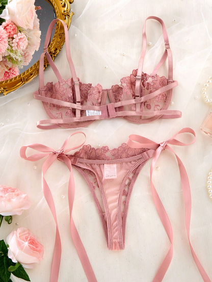 Conjunto Lingerie de renda Erótico Bordado Transparente Laços fio dental sem bojo rosê