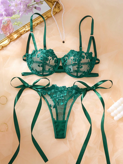 Conjunto Lingerie de renda Erótico Bordado Transparente Laços fio dental sem bojo verde