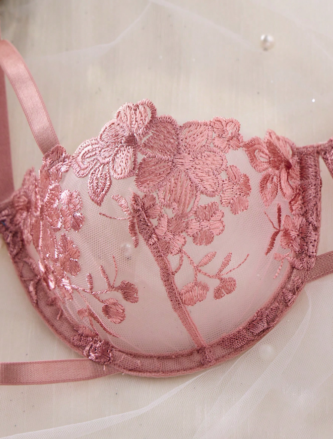Conjunto Lingerie de renda Erótico Bordado Transparente Laços fio dental sem bojo rosê